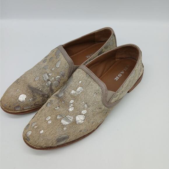 H.S. TRASK Ali Metallic Silver on Taupe Gray Calf Hair Loafers Flats Size 9M - Picture 1 of 11